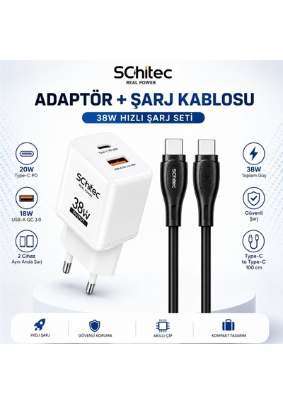 Schitec 38w 2 Çıkışlı Hızlı Şarj Başlığı Ve 60w Type-c To Type-c Hızlı Şarj Ve Data Kablosu Siyah