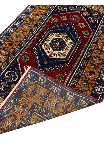 El Dokuması Yahyalı Halısı 122x210 Kök Boyası Kırmızı Lacivert %100 Yün Halı Renkli