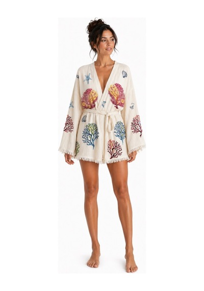 Mulberry Sedna Kadın Ekru Müslin Kimono Bornoz Kuşaklı, Püskül Detaylı, Oversize Rahat Kesim Plaj & Ev Giyim Mercan