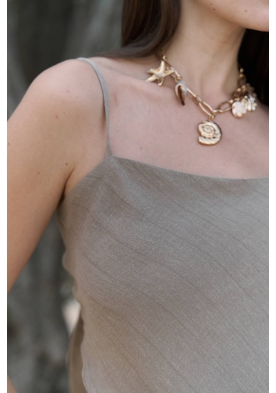 Mai Collection Mai Studios Co. Kita Üçgen Detay Çizgili Haki Keten Crop Haki