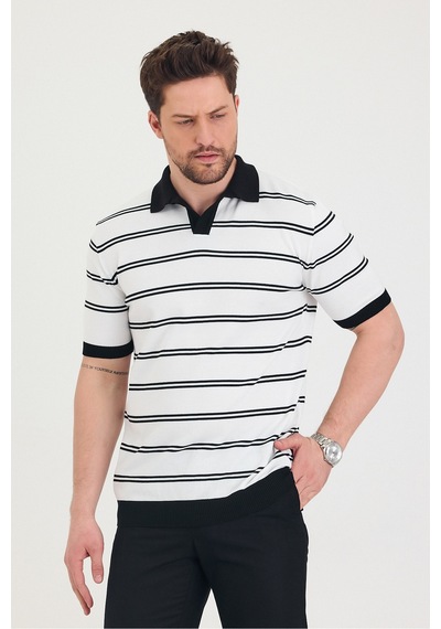 Cool Tarz Erkek Polo Yaka Beyaz Çift Çizgi Detaylı Siyah Triko T-shirt Beyaz Beyaz