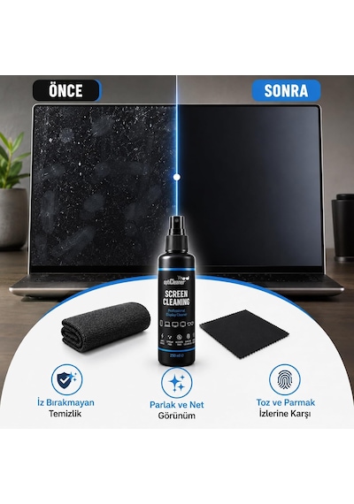 Ekran Temizleme Seti, 250 Ml Sprey, Büyük Mikrofiber Bez Ve 15 18 Cm Gözlük Bezi, Laptop, Tv, Monitör, Telefon, Tablet, Araç Ekranı Ve Lensler İçin