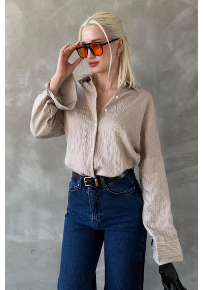 Madmext Bej Çizgili Oversize Kadın Gömlek Mg2327 Bej