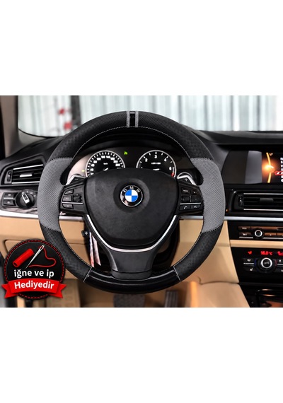 Bmw X5 E70 Dikme Direksiyon Kılıfı Delikli Deri Parlak Siyah Gri Detay Çift Yüzük Ve Dikiş 2006-2013