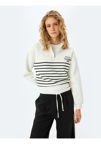 Koton Pamuk Karışımlı Dik Yaka Çizgili Yarım Fermuarlı Sweatshirt Ekru 5wak10523ek Ekru