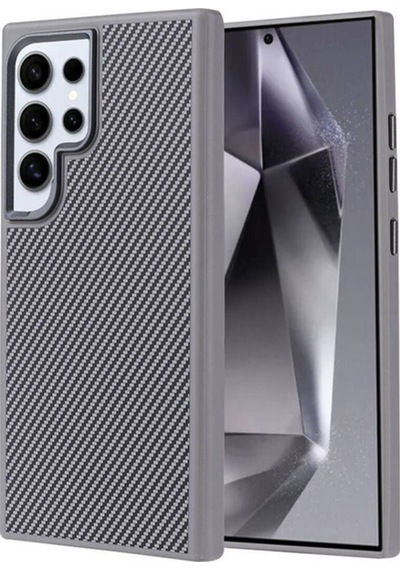 Galaxy S24 Ultra Kılıf M-safe Şarj Özellikli Karbon Fiber Görünümlü Zore Troy Kapak Gümüş