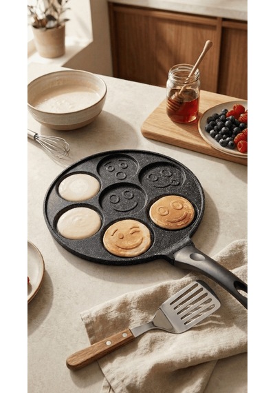Panface Emoji Pancake Tavası 27 Cm 7 Bölmeli Döküm Alüminyu... Siyah