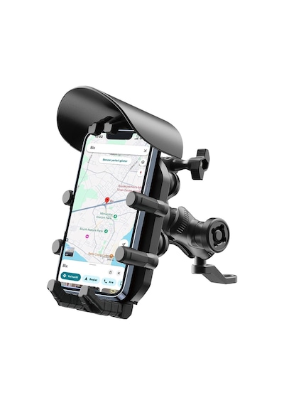 Ayna Bağlantılı Güneş Ve Yağmur Korumalı 360 Derece Ayarlanabilir Motosiklet Telefon Tutucu