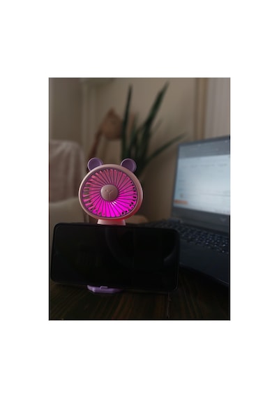 Led Işıklı Şarjlı Mini Vantilatör Telefon Standlı Usb Masaüstü Ve El Tipi Taşınabilir Fan Mor