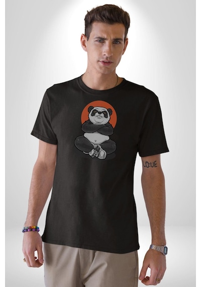 Yoga Panda Unisex Unisex Siyah Organik Baskılı T-shirt Penye Yüksek Kalite Siyah