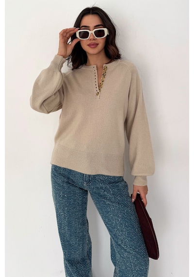 Noa & Noa Kadın Düğmeli Triko Kazak Red Stitch Bej
