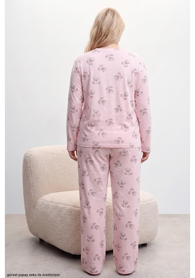 Siyah İnci Baskılı Büyük Beden Battal Boy Örme Pijama Takım 8089 Pembe Ayıcık