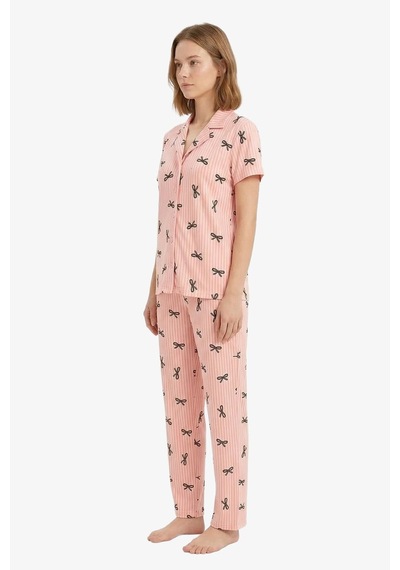 Cottonhill Pudra Çizgi Desenli Yumuşak Dokulu Gömlek Yaka Kadın Pijama Takımı