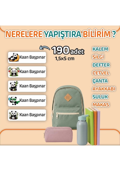 Kapbirhediye Okul Etiketi Isme Özel Kalem Defter Etiketi Panda Temalı 190 Adet Çok Renkli