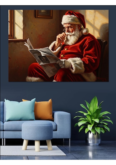 Gazete Okuyan Noel Baba Figürü Dekoratif Kanvas - Mdf Ahşap Tablo