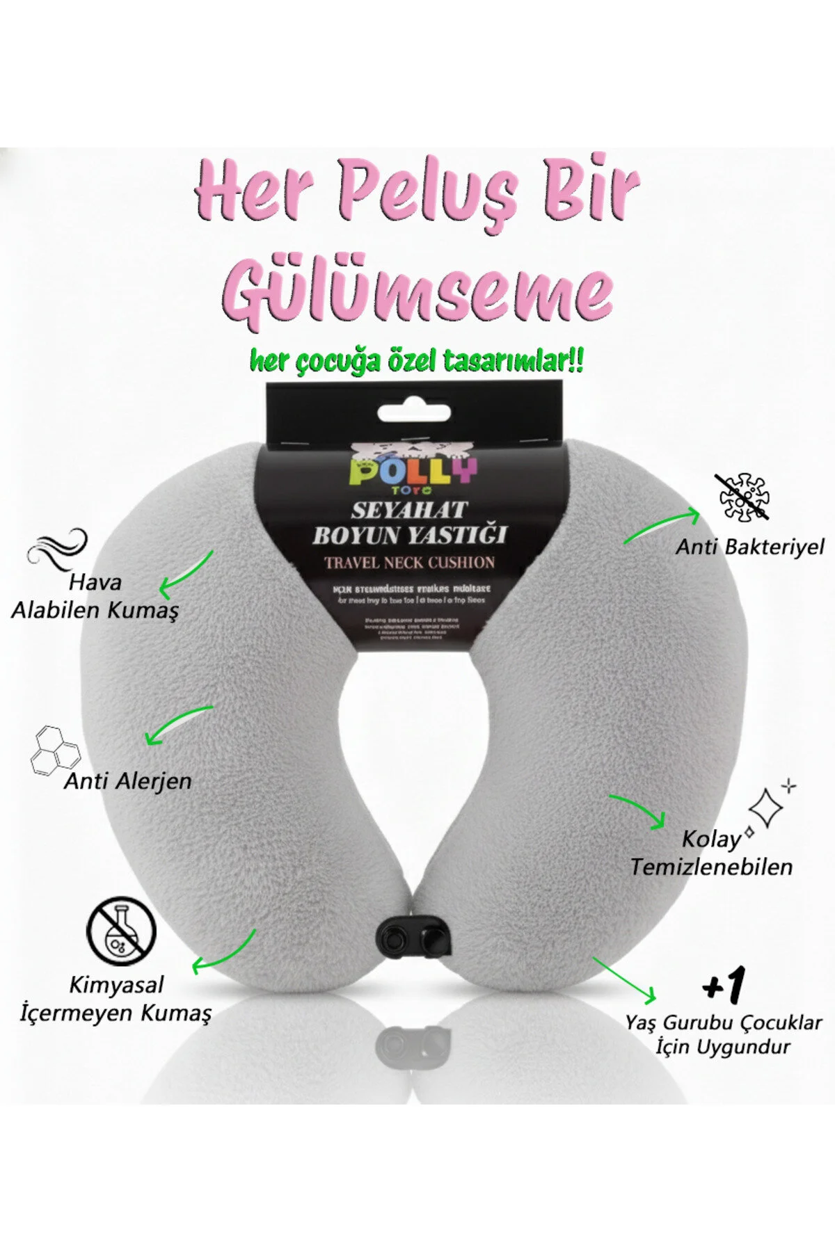 Seyahat Boyun Yastığı 40 Cm Rahat & Yumuşak Destek Yastığı Gri