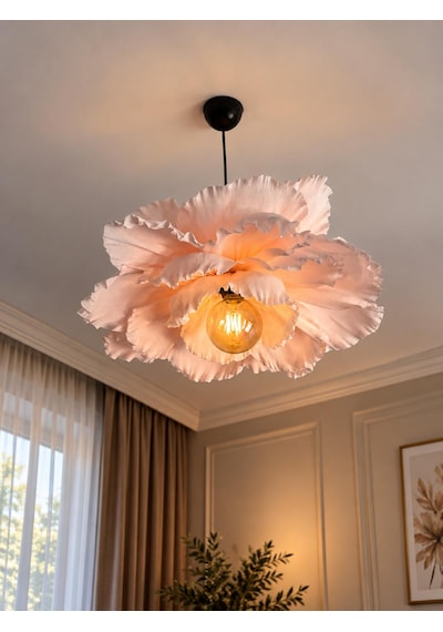 Soft Pembe (Siyah Duy) Italyan Krapon Kağıdı El Yapımı Çiçek Avize,salon & Yatak Odası Aydınlatma (50cm)