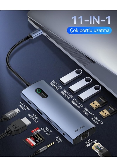 11 Portlu 4k 30hz Hdmı Gigabit Ethernet Sd Tf Kart Okuyuculu 3.5mm Jack Usb Hub Çoklayıcı