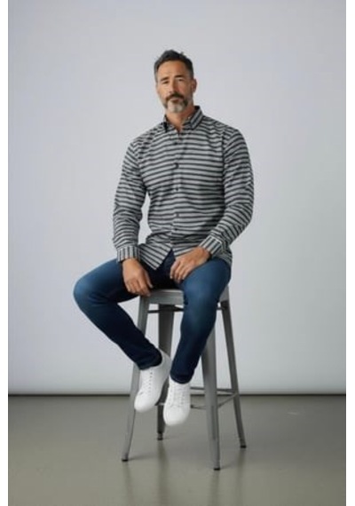 Klasik  Cotton Uzun Kollu Terletmeyen Kışlık 2 Renkli Çizgili Gömlek Slim Fit Antrasit
