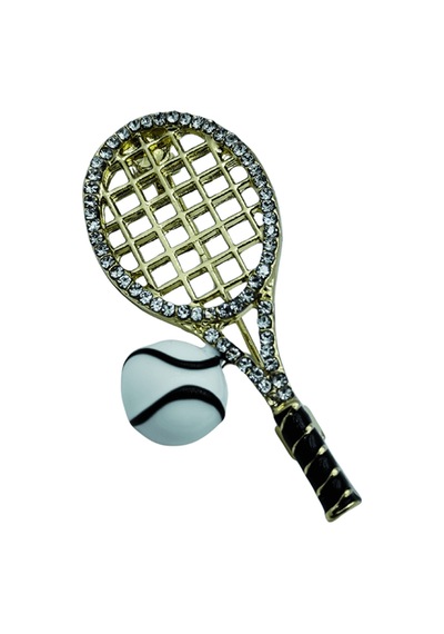 Taşlı Tenis Raketi Ve Top Gold Broş Sarı