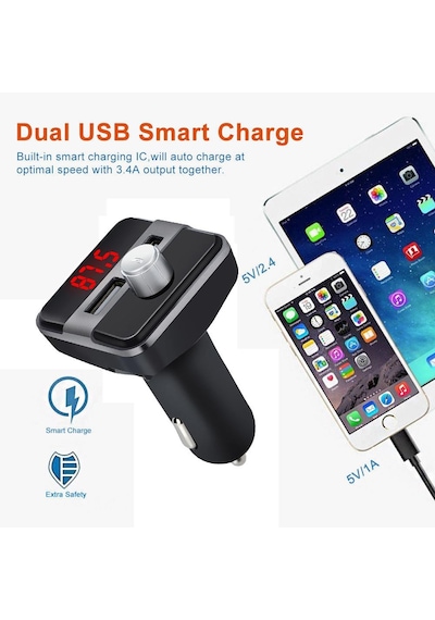 Bluetooth Lcd Araç Kiti Fm Verici Çift Çift Usb Araç Şarjı Dc 5V