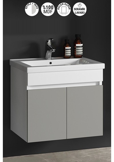 Çiğdem 65 Cm Beyaz-inox Balon Mdf Seramik Lavabolu Asma Banyo Alt Dolabı