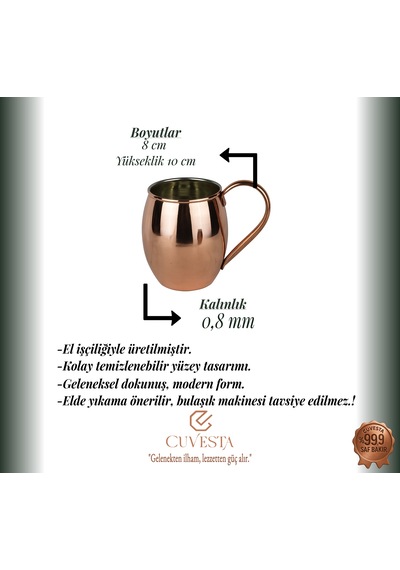 Cuvesta Modern El Yapımı Klasik Bakır Bardak 8x10cm