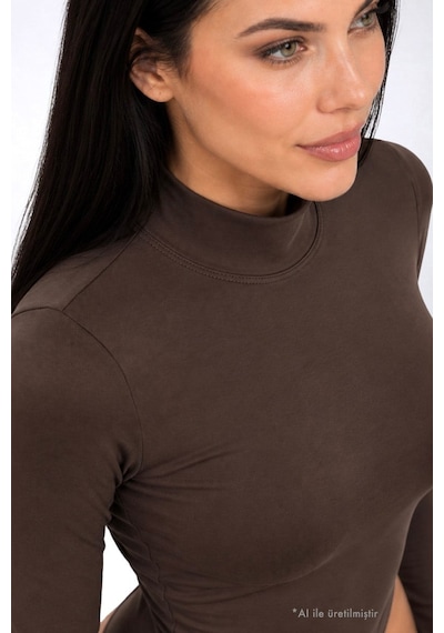 Cottonhıll Premium - Drape Collection Kahverengi Viskon Balıkçı Yaka Uzun Kollu Çıtçıtlı Kadın Bodysuit