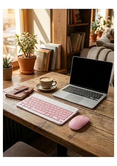 Kablosuz Bluetooth Klavye Ve Dongle Lı Mouse Seti Şarjlı Klavye Ve Fare Kombinasyonu Pembe