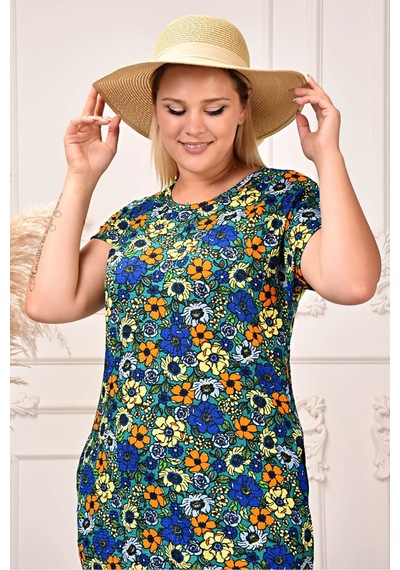Neşeli Butik Kadın Büyük Beden Çiçek Desenli Viskon Elbise Aysl71 Yeşil