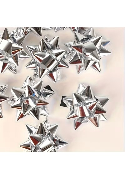 Metalize Gümüş 4,5cm Yıldız-fiyonk Yapşkanlı Paket Süsü 20adt