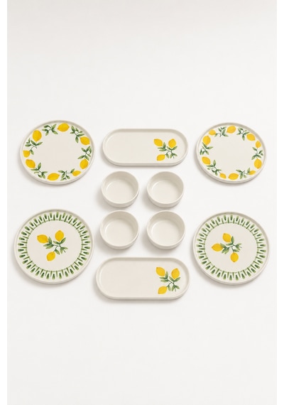 Yeşil Limon 10 Parça 4 Kişilik Handmade Stackable Seramik Tabak Seti Premium Sunum & Kahvaltı Takımı Beyaz