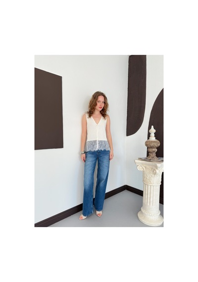 Verymoda V Yaka Dantel Detaylı Triko Bluz S1009003 Krem