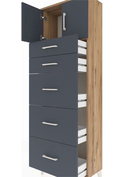 Arges Dolap Tek Raflı 5 Çekmeceli 2 Kapaklı 60x30x182 Çam-ant... Çam