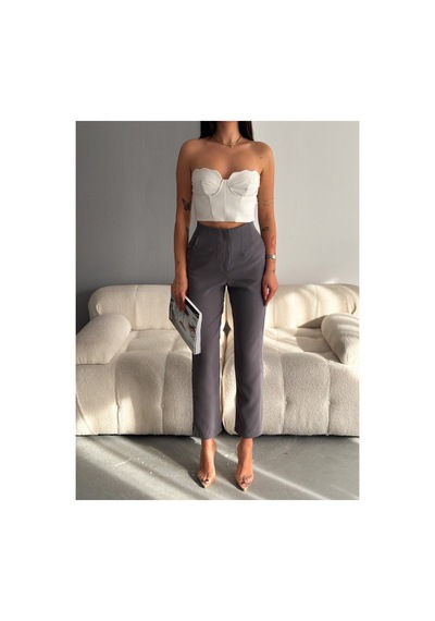 Winmoda34 Kadın Pensli Havuç Kumaş Pantolon Füme1