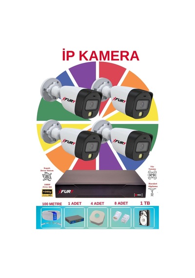 Fury 4 Lü Ip Güvenlik Kamera Seti Sesli 4mp Gece Renkli Su Geçirmez 5515s 1tb