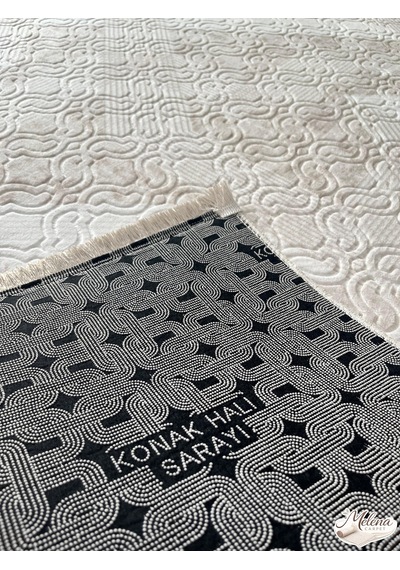 Konak Halı Dekoratif Salon Halısı Krem Emboss Kabartmalı Saçaklı Krem