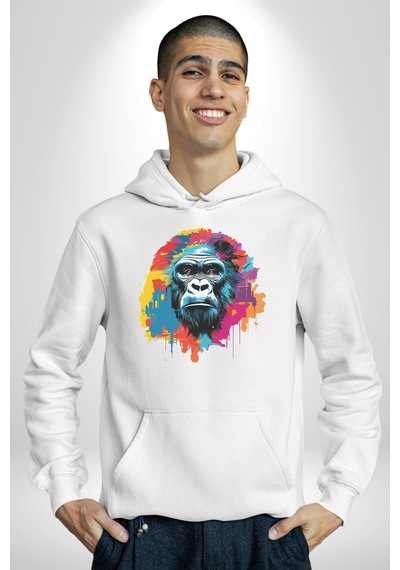 Renkli Maymun Goril Kadın Erkek Beyaz Kapüşonlu Sweatshirt Hoodie Beyaz
