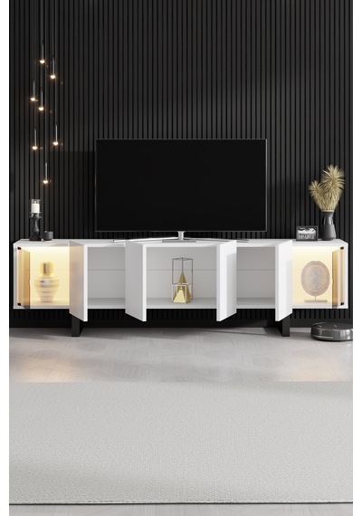 Zenit Siyah Demir Ayaklı Rgb Led Işık Sistemli Beyaz Tv Ünitesi Tv Sehpası Beyaz - Siyah