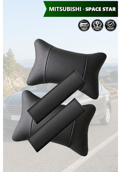Mitsubishi Space Star Uyumlu Set Lüks Deri Kemer Koruyucu Siyah Deri Yastık