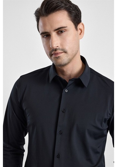 Süvari Siyah Slim Klasik Yaka Düz Casual Gömlek Gm1008400364-s09