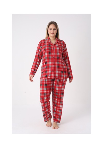 Estiva Kadın Kareli Kırmızı Önden Düğmeli Soft Battal Pijama Takımı Çok renkli
