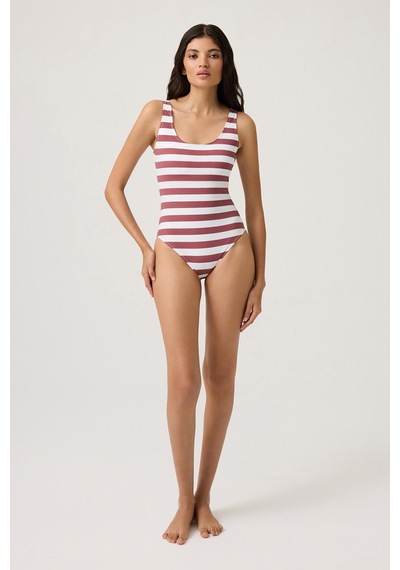 Los Ojos Bordo-beyaz Çizgili U Yaka Spor Mayo Sporty One Piece Bordo-beyaz Bordo-beyaz