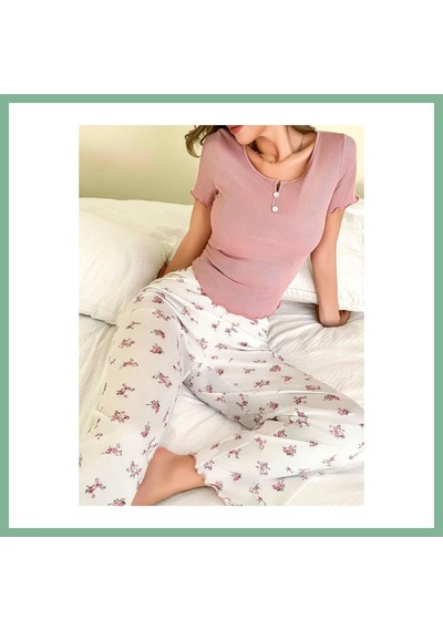 Bşkvirgo Kadın Çiçekli Desen Yumuşak Pamuklu Uzun Pijama Takımı 5131 Beden: L/xl Renk: Ekru Bsk2026