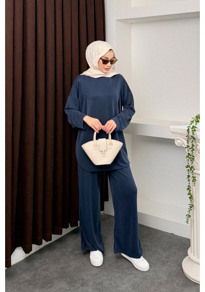 Mihran Butik Kalina Model İthal Pike Kumaş Cep Detaylı Kadın Takım Lacivert