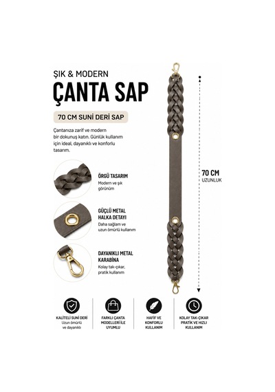 Vollen Yarn Suni Deri Örgü Çanta Sapı 70 Cm Metal Karabinalı Çanta Askısı Çanta Aksesuarı Bej