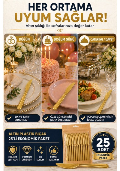 25 Li Altın Plastik Bıçak 18 Cm Sert Tek Kullanımlık