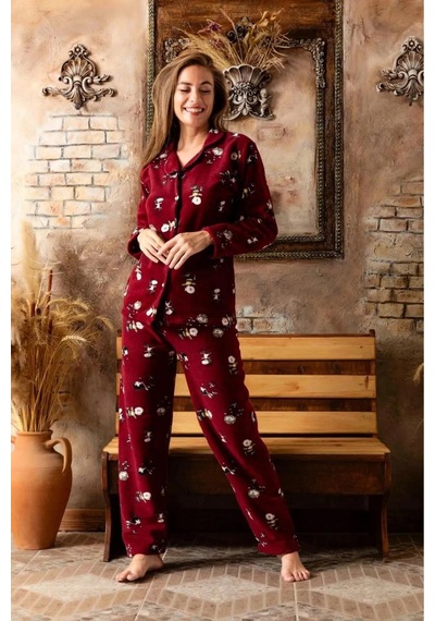 Sude Kadın Gömlek Önden Düğmeli Polar Desenli Pijama Takımı P200/173 - 1 Adet 001