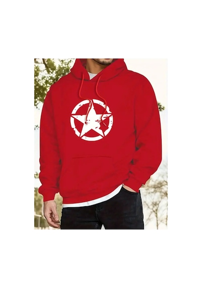 Herkesemoda Yıldız Baskı Detaylı İçi Polarlı Kapüşonlu Sweatshirt Kırmızı