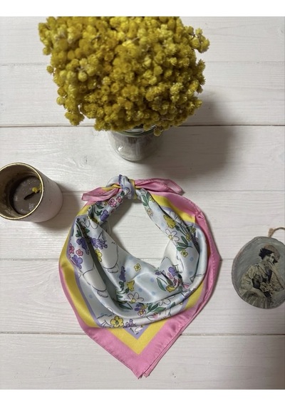 Trend Dokunuş Kadın 50-50 Saten Bahar Renkli Fular Bandana Sarı - Pembe